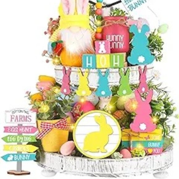 16 Solid Wood Pieces for Easter Tiered Tray Center Piece Decor with String Light - Picture 7 of 8